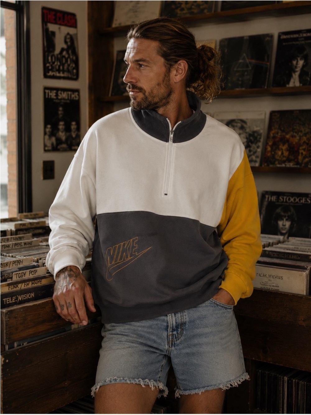 Nike Vintage 90s color block gray yellow white pullover zip men’s sweater m